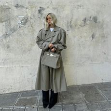 influencer @josefinehj wearing a grey trench coat and grey suede Birkin 25 handbag