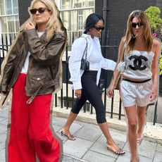 A collage of content creators wearing summer trends in London, including @lucywilliams02, @nlmarilyn, and @camillecharriere in capri pants, red jeans, crochet dresses, and more.