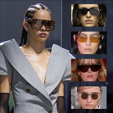 A collage of eyewear trends that were seen on the runways at shows like Luar, The Attico, Louis Vuitton, Miu Miu, and Gucci.