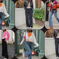 a collage of low rise jeans outfits