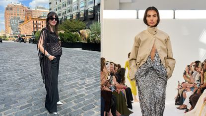 a collage of two images: Kat Collings wearing a crochet Diotima top and black trousers on the right and a runway image from Brandon Maxwell's spring/summer 2025 collection on the left