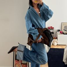 woman in denim shirt and jeans 