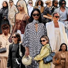 a collage of street style images showing some of the most popular vintage designer handbags